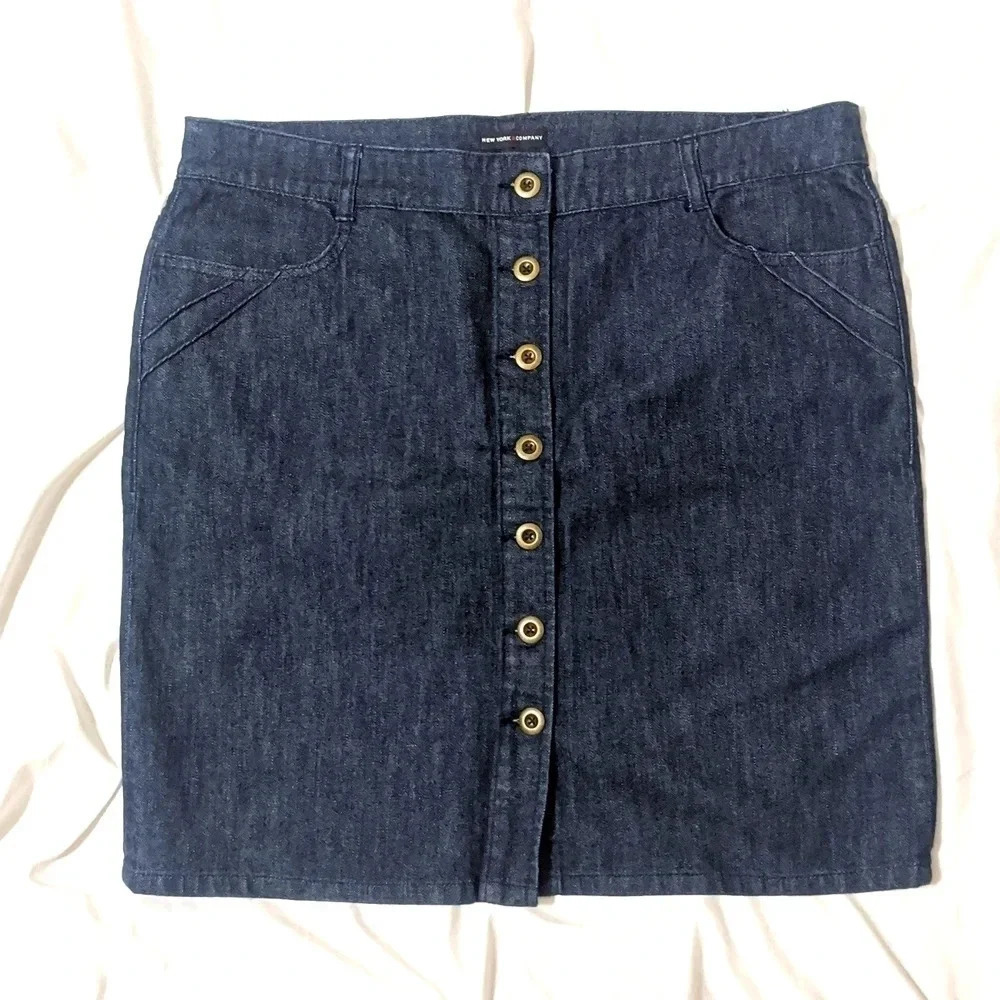 New York & Company Button Down Denim Skirt, Color Blue (Dark Wash) size 18